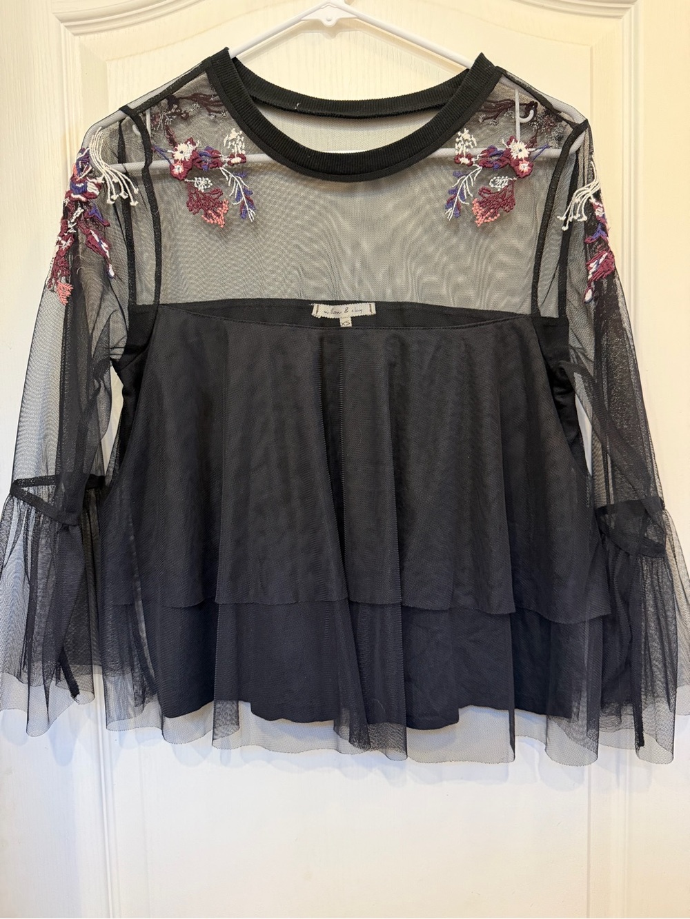 Willow & Clay Black Sheer Embroidered Floral Ruffle Bell Sleeve Blouse XS